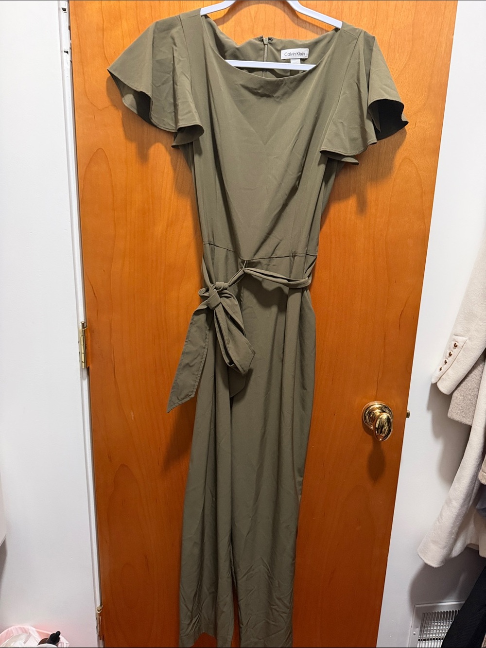 Calvin Klein Olive Green Maxi Dress with Flutter Sleeves and Waist Tie